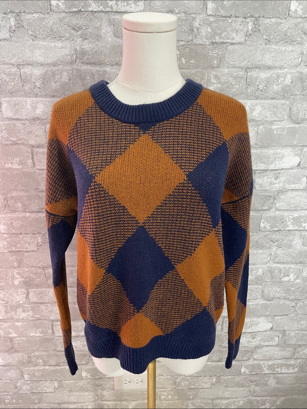 Madewell Navy and Rust Mullen Pullover Diamond Plaid Sweater